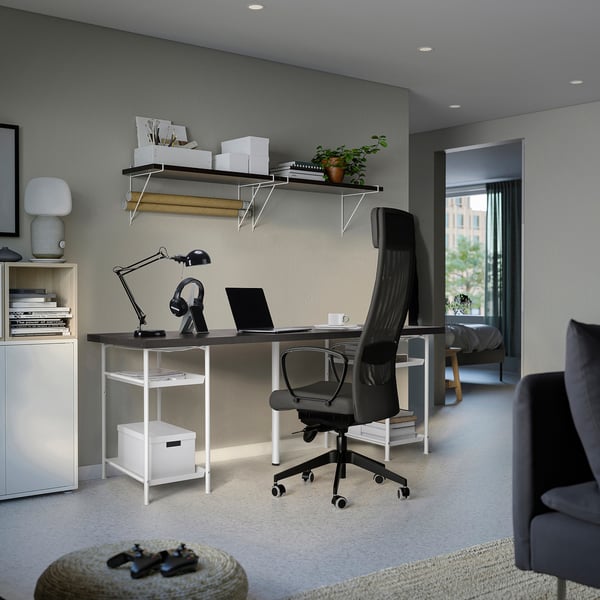 LAGKAPTEN / SPÄND - Desk, brown-black/white,200x60 cm