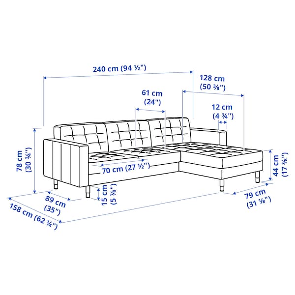 LANDSKRONA 3-seater sofa - with chaise-longue/Grann/Bomstad black/metal ,