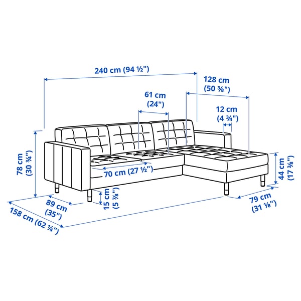 LANDSKRONA 3-seater sofa - with chaise-longue/Gunnared dark grey/metal ,