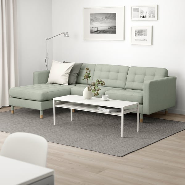 LANDSKRONA 3-seat sofa, with chaise longue/Gunnared light green/wood