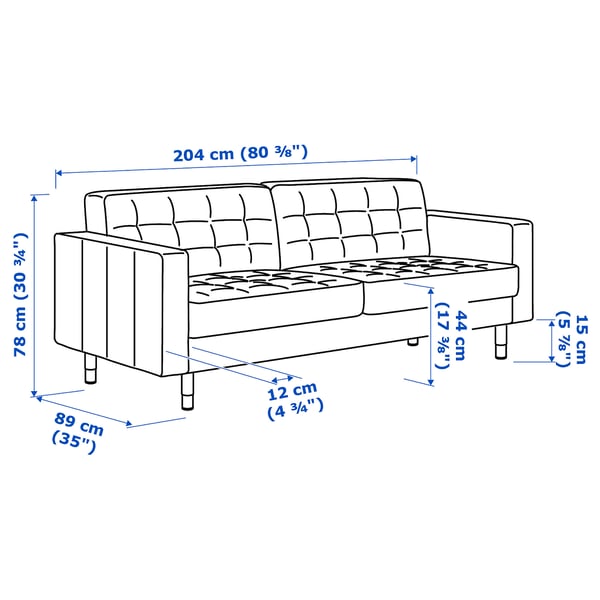 LANDSKRONA three-seat sofa, Grann/Bomstad black/metal, 204x78x89 cm