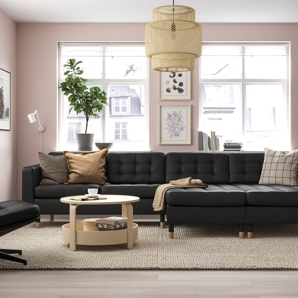 LANDSKRONA 4-seat sofa with chaise longues, Grann/Bomstad black/wood, 320x78 cm