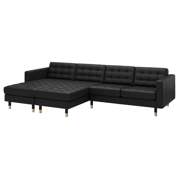LANDSKRONA 4-seat sofa with chaise longues, Grann/Bomstad black/wood, 320x64x158 cm