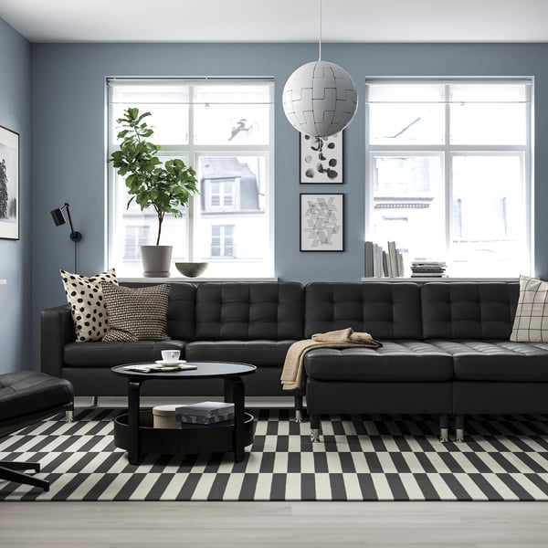 LANDSKRONA - 4-seater sofa with chaise-longue, Grann/Bomstad black/metal