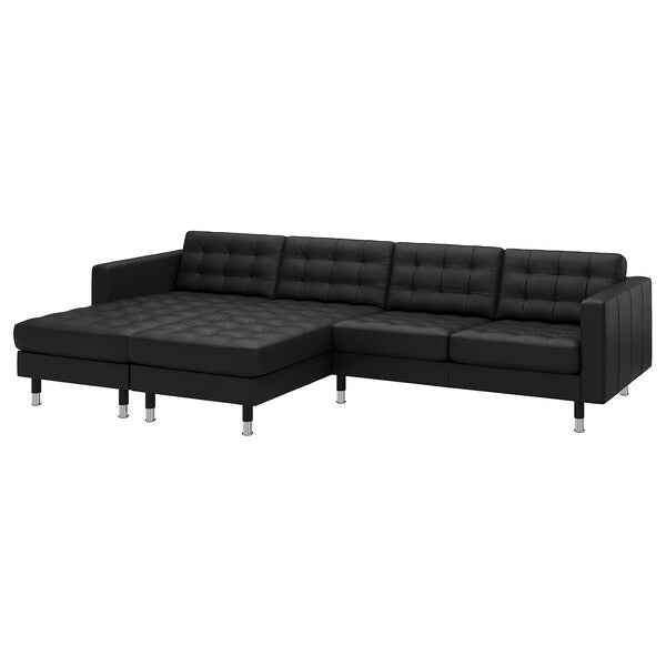 LANDSKRONA - 4-seater sofa with chaise-longue, Grann/Bomstad black/metal
