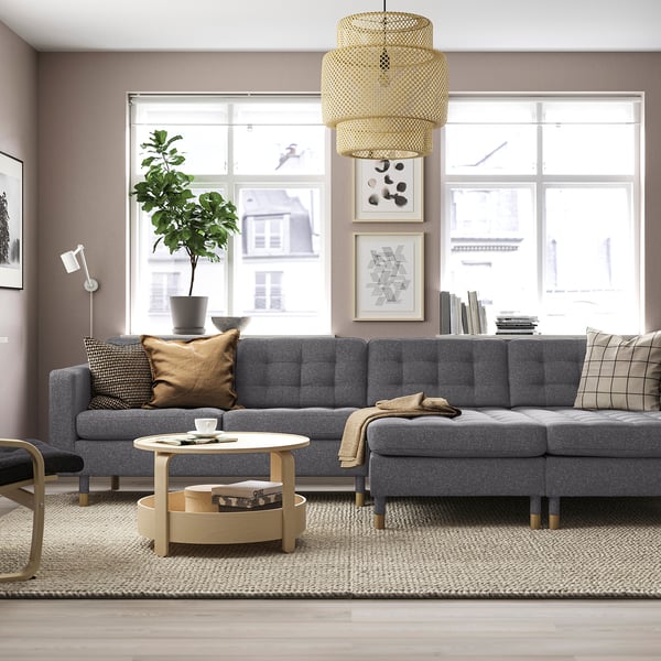 LANDSKRONA 4-seat sofa with chaise longues, Gunnared dark grey/wood, 320x78 cm