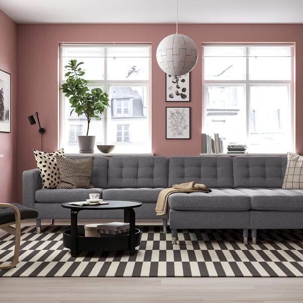 LANDSKRONA - 4-seater sofa with chaise-longue, Gunnared dark grey/metal ,