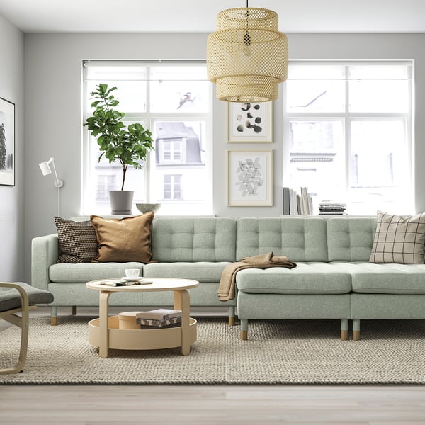 LANDSKRONA 4-seat sofa with chaise longues, Gunnared light green/wood, 320x78 cm