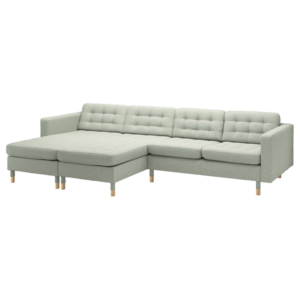LANDSKRONA 4-seat sofa with chaise longues, Gunnared light green/wood, 320x78 cm