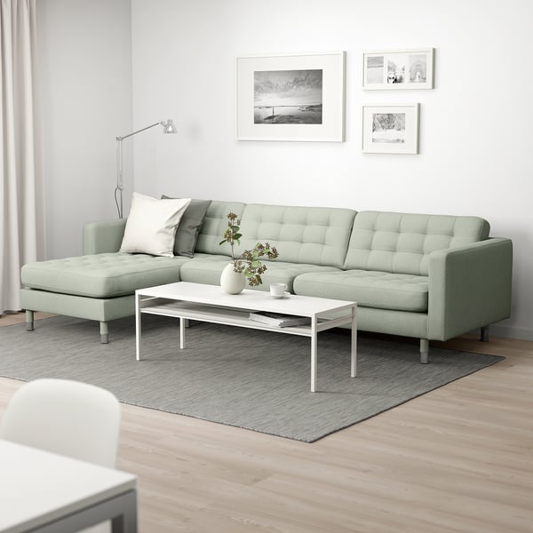 LANDSKRONA 4-seat sofa, with chaise longue/Gunnared light green/metal