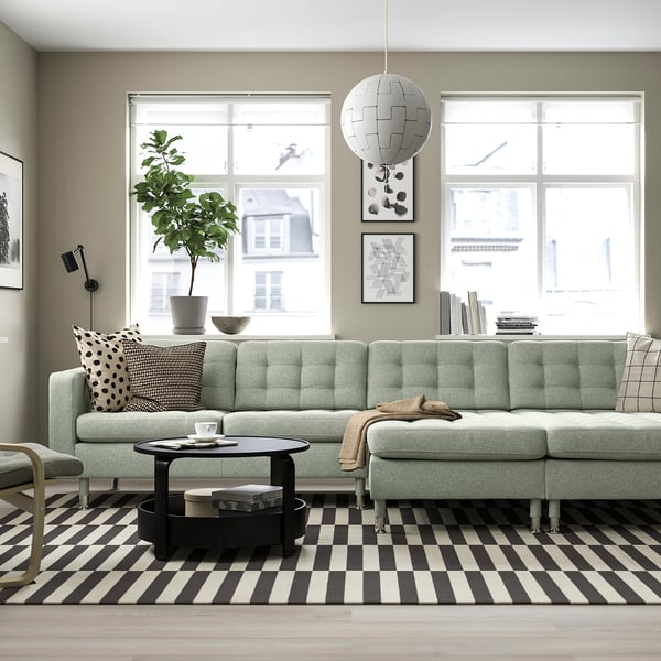 LANDSKRONA 4-seat sofa with chaise longues, Gunnared light green/metal, 320x78 cm