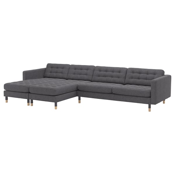 LANDSKRONA 5-seat sofa, with chaise longues/Gunnared dark grey/wood, 360x78 cm