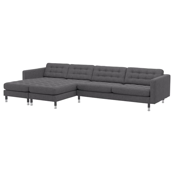 LANDSKRONA 5-seat sofa, with chaise longues/Gunnared dark grey/metal, 360x78 cm