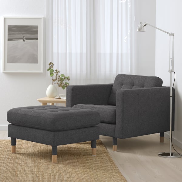 LANDSKRONA armchair, Gunnared dark grey/wood, 65x78x89 cm