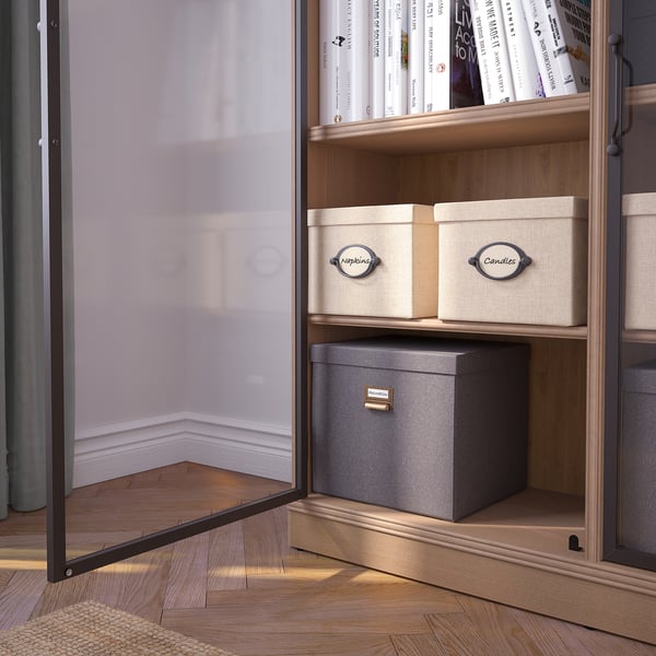 LANESUND glass-door cabinet, grey-brown, 121x37x152 cm