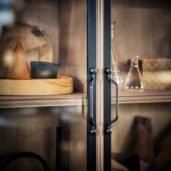 LANESUND glass-door cabinet, grey-brown, 121x37x152 cm