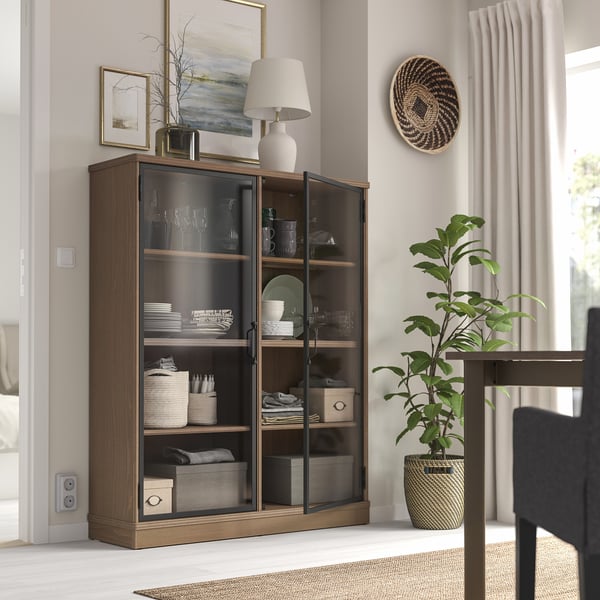 LANESUND glass-door cabinet, grey-brown, 121x37x152 cm