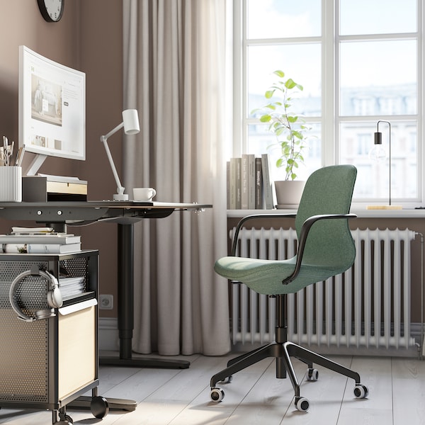 LÅNGFJÄLL - Meeting chair with armrests, Gunnared grey-green/black ,