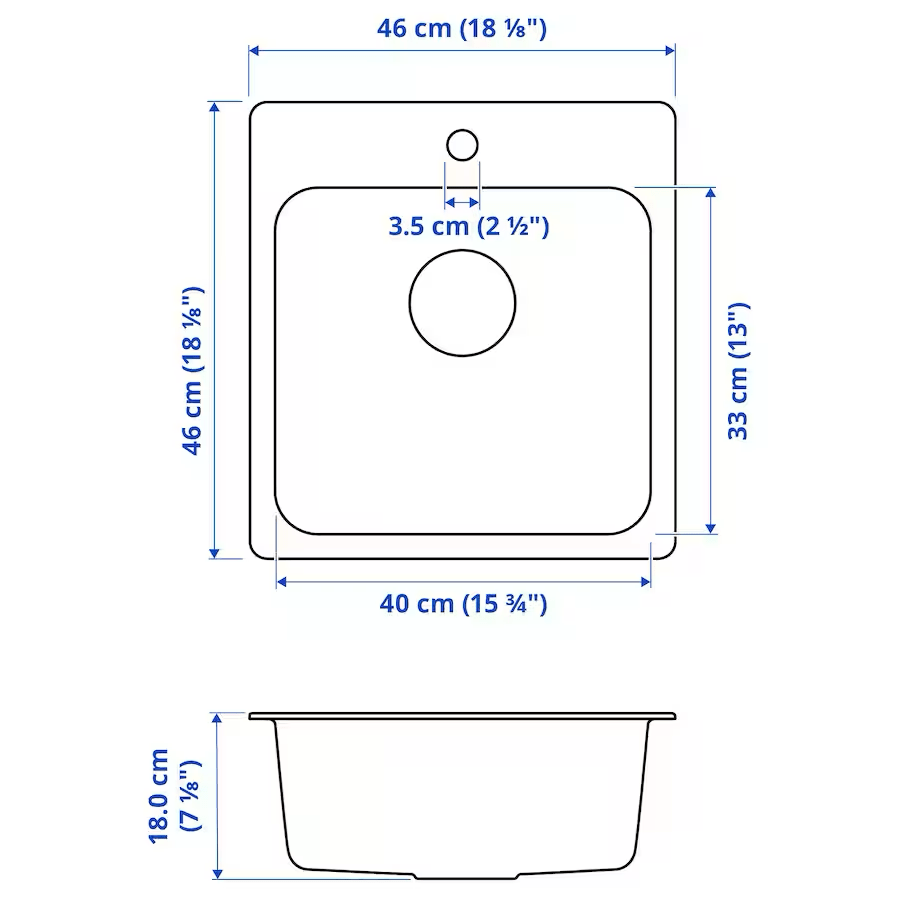 Ikea LÅNGUDDEN Inset sink, 1 bowl, stainless steel, 46x46 cm