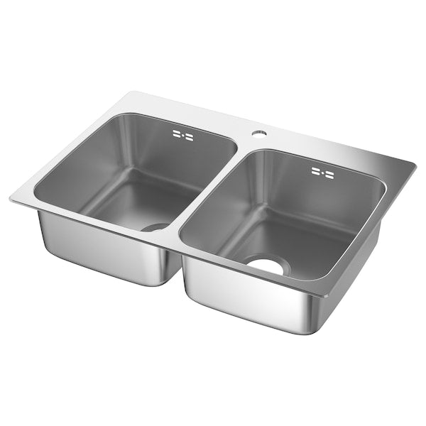 LÅNGUDDEN - Built-in sink, 2 bowls, stainless steel, 75x53 cm