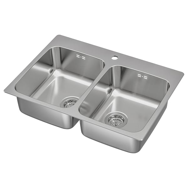 LÅNGUDDEN inset sink, 2 bowls, stainless steel, 75x53 cm