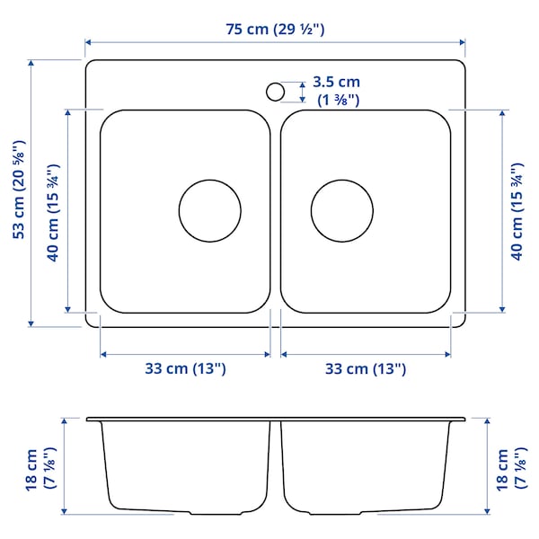 LÅNGUDDEN - Built-in sink, 2 bowls, stainless steel, 75x53 cm