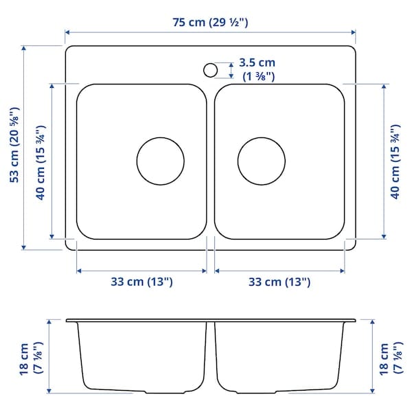 Ikea LÅNGUDDEN - Inset sink, 2 bowls, stainless steel, 75x53 cm