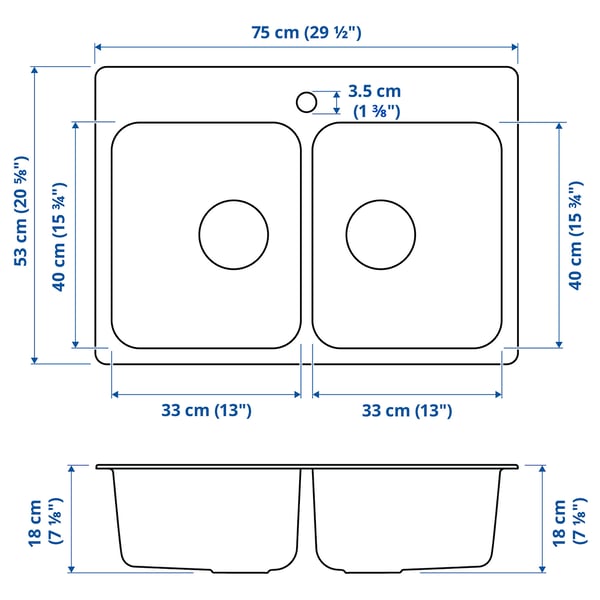 LÅNGUDDEN inset sink, 2 bowls, stainless steel, 75x53 cm