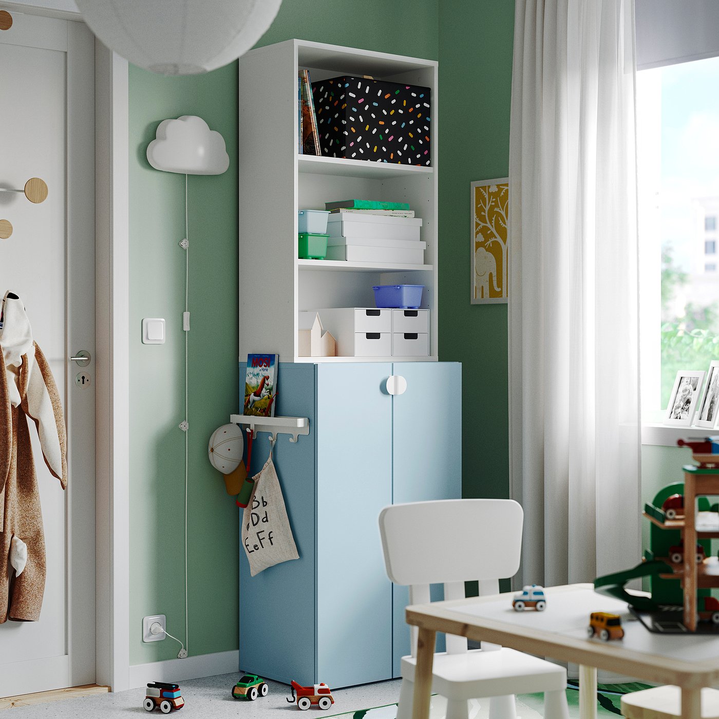 LASTARE shelving combination, white/blue, 60x42x201 cm