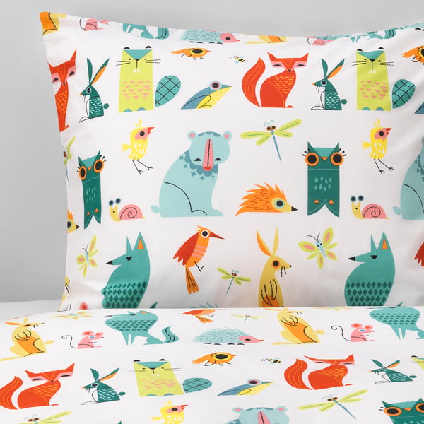 LATTJO duvet cover and pillowcase, animal/multicolour, 150x200/50x80 cm