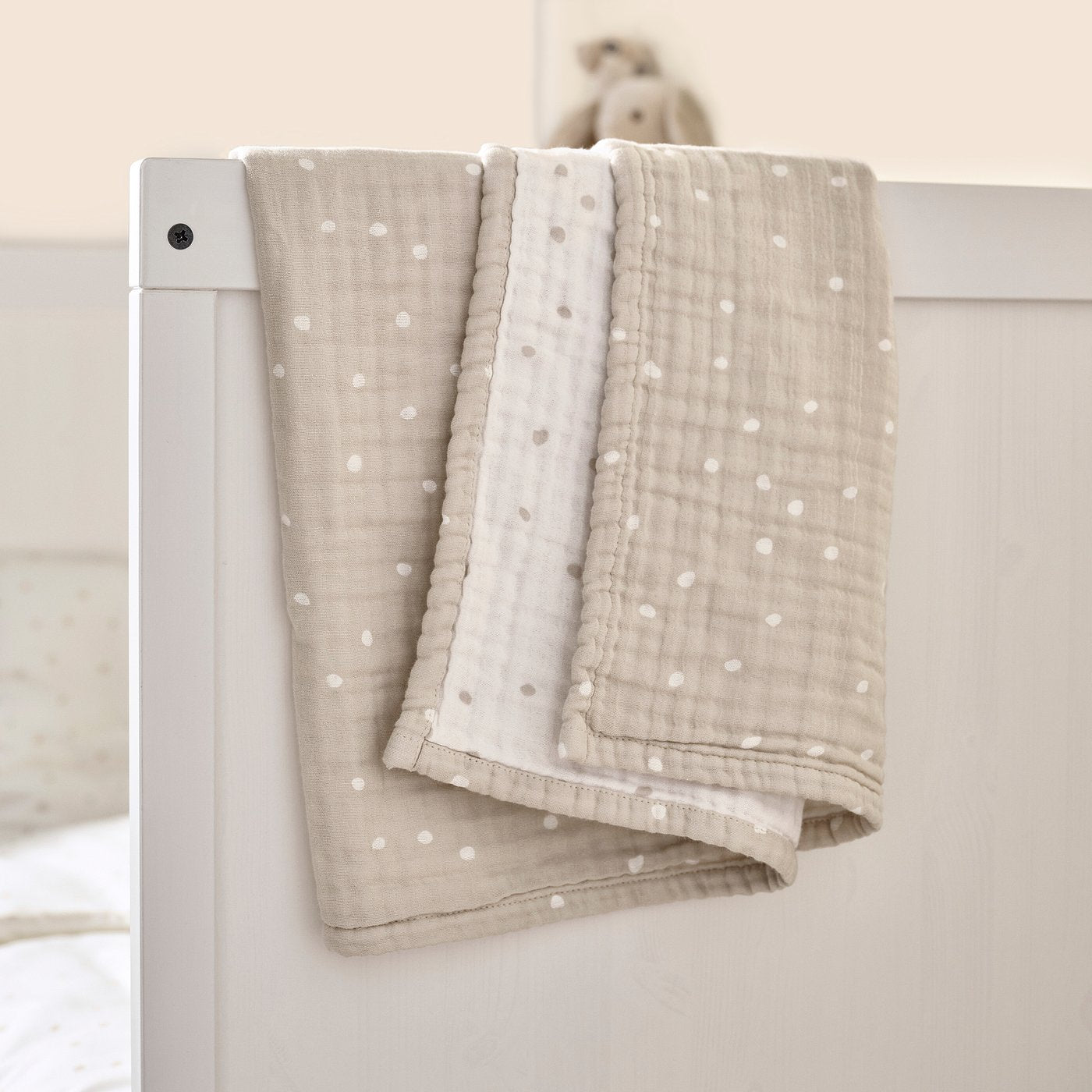 LEN blanket, white beige/dot pattern muslin, 80x100 cm