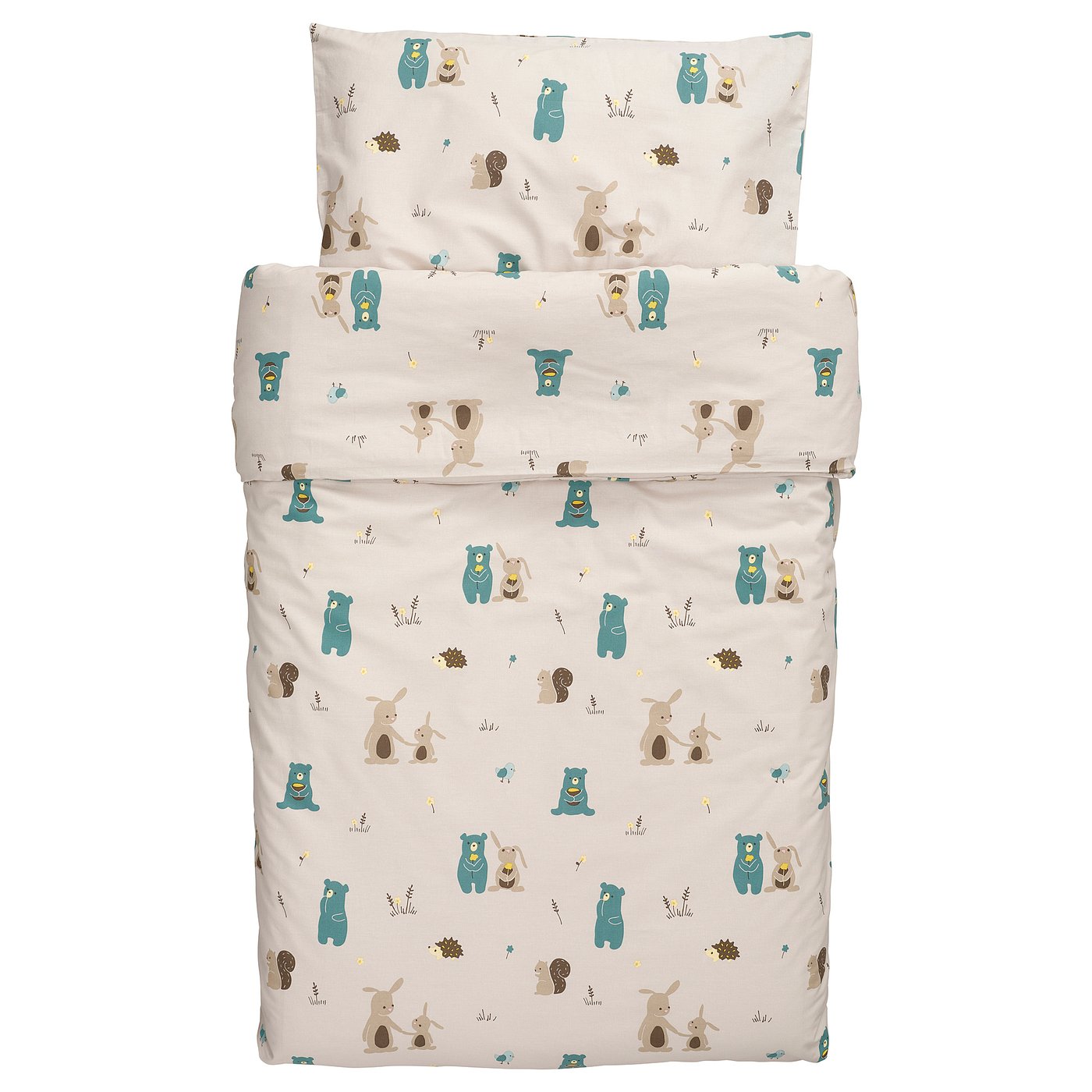 LEN duvet cover 1 pillowcase for cot, beige/bunny and bear pattern, 110x125/35x55 cm