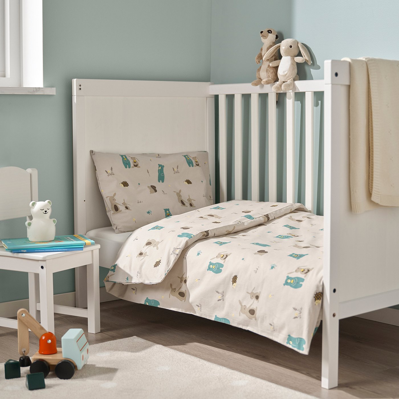 LEN duvet cover 1 pillowcase for cot, beige/bunny and bear pattern, 110x125/35x55 cm