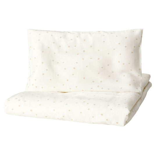 LEN duvet cover 1 pillowcase for cot, white beige/dot pattern, 110x125/35x55 cm