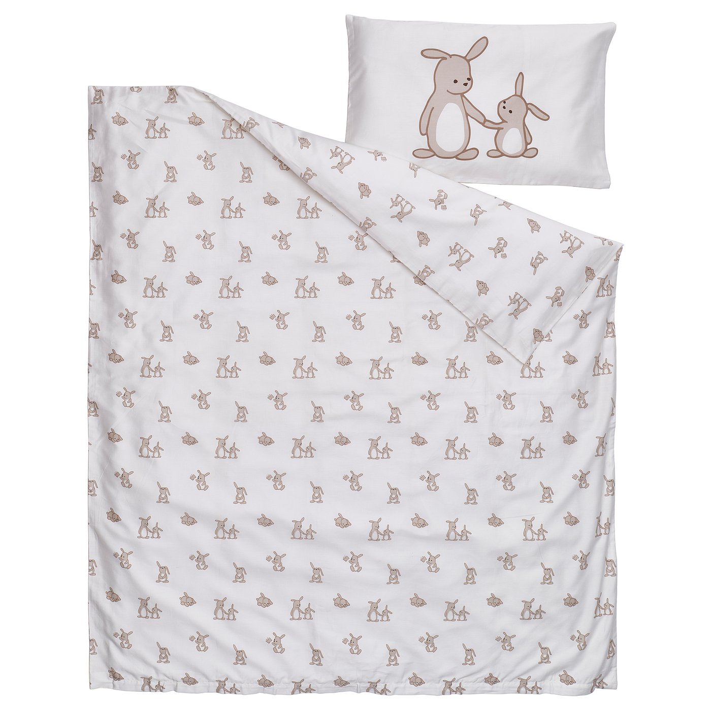 LEN duvet cover 1 pillowcase for cot, white beige/bunny pattern, 110x125/35x55 cm