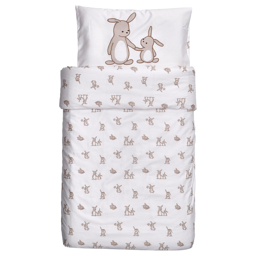 LEN duvet cover 1 pillowcase for cot, white beige/bunny pattern, 110x125/35x55 cm