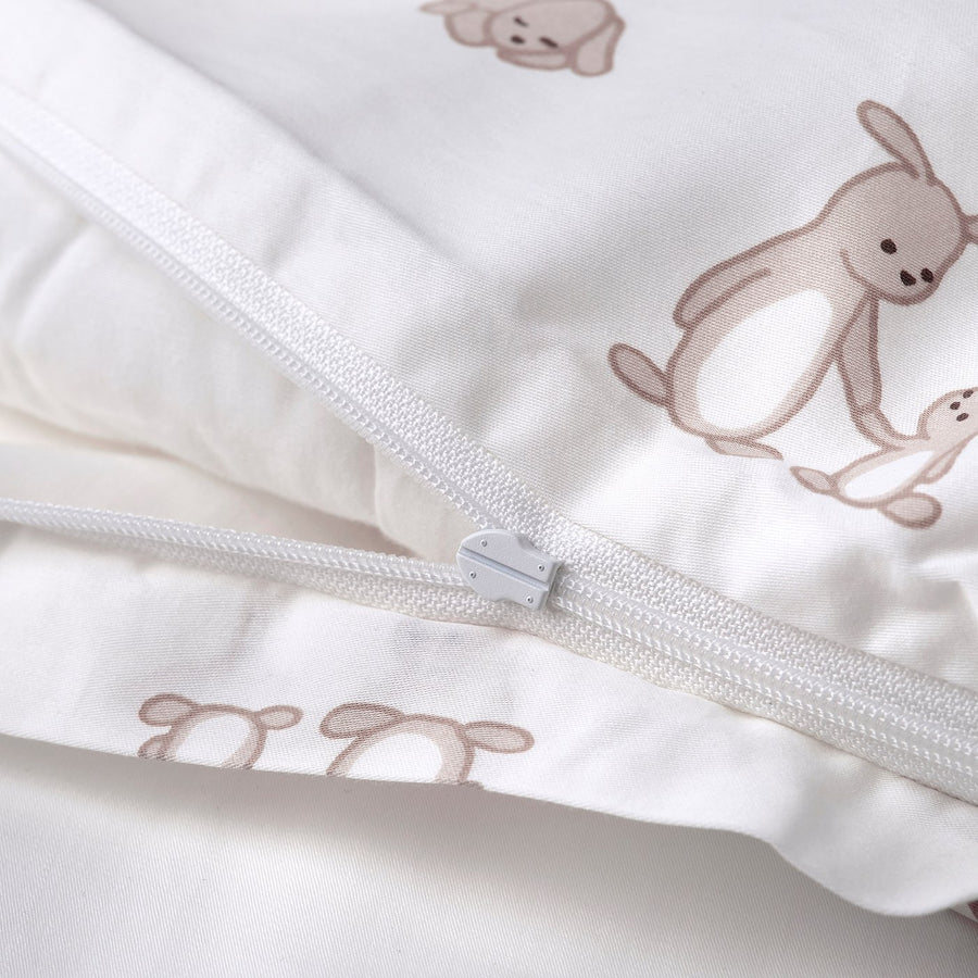 LEN duvet cover 1 pillowcase for cot, white beige/bunny pattern, 110x125/35x55 cm