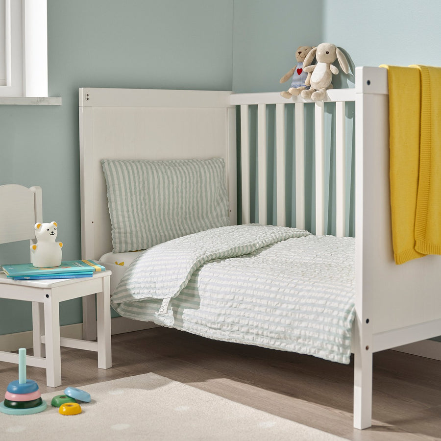 LEN duvet cover 1 pillowcase for cot, white blue/stripe pattern seersucker, 110x125/35x55 cm