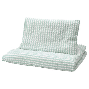 LEN duvet cover 1 pillowcase for cot, white blue/stripe pattern seersucker, 110x125/35x55 cm