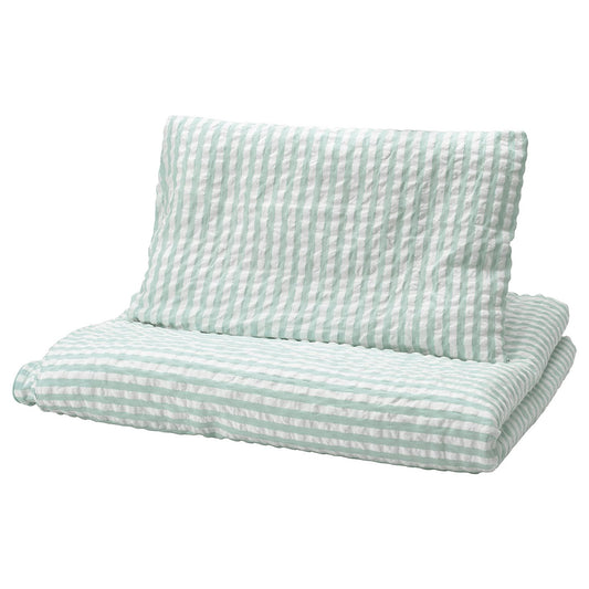 LEN duvet cover 1 pillowcase for cot, white blue/stripe pattern seersucker, 110x125/35x55 cm