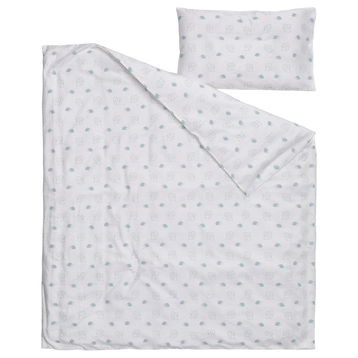 LEN duvet cover 1 pillowcase for cot, white blue/squirrel and hedgehog pattern, 110x125/35x55 cm