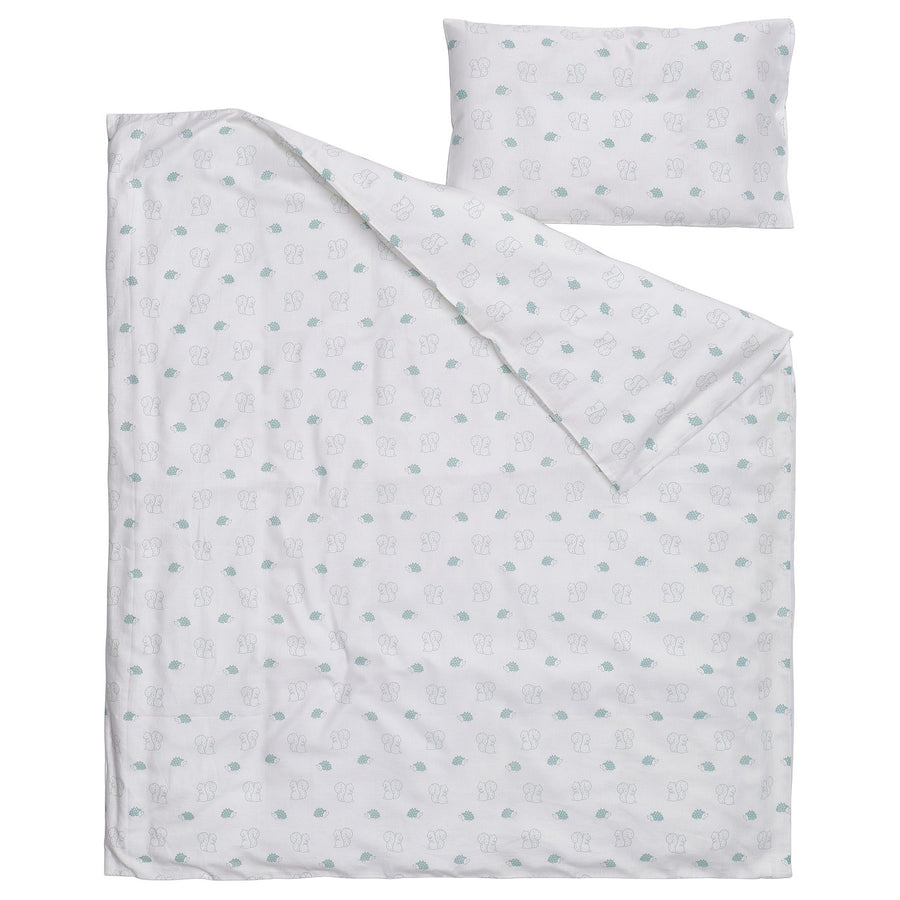 LEN duvet cover 1 pillowcase for cot, white blue/squirrel and hedgehog pattern, 110x125/35x55 cm