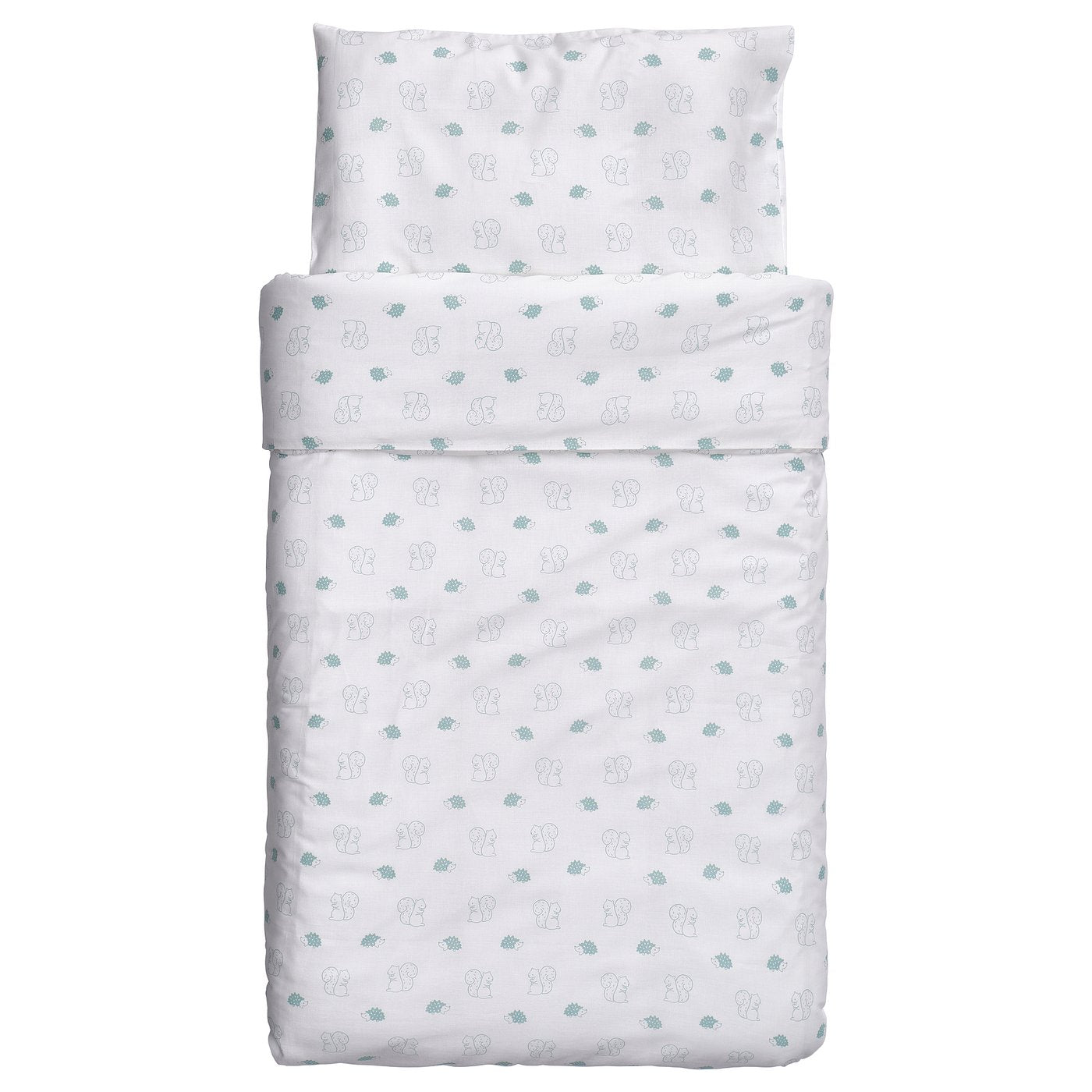 LEN duvet cover 1 pillowcase for cot, white blue/squirrel and hedgehog pattern, 110x125/35x55 cm