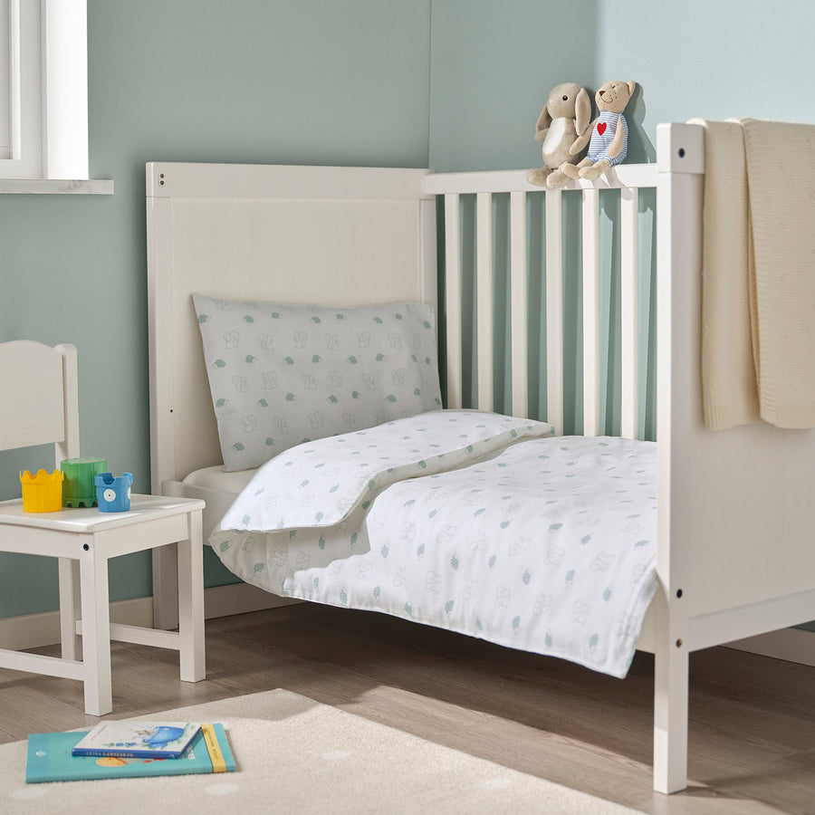 LEN duvet cover 1 pillowcase for cot, white blue/squirrel and hedgehog pattern, 110x125/35x55 cm