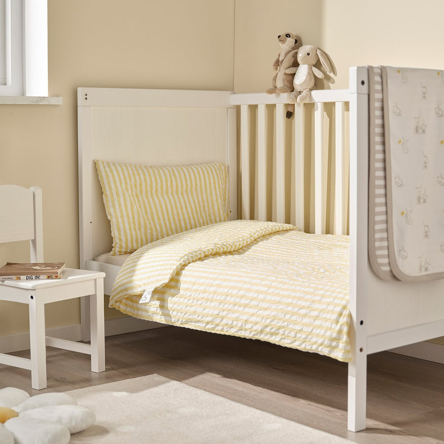 LEN duvet cover 1 pillowcase for cot, white yellow/stripe pattern seersucker, 110x125/35x55 cm