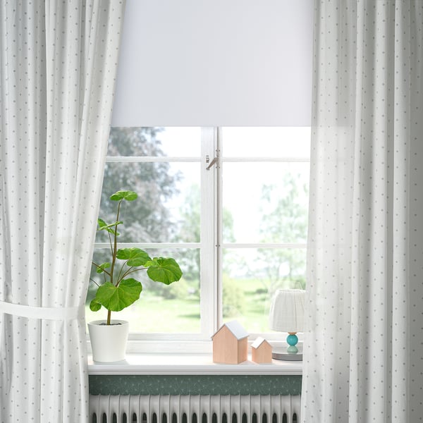 LEN curtains with tie-backs, 1 pair, dotted/white, 120x300 cm