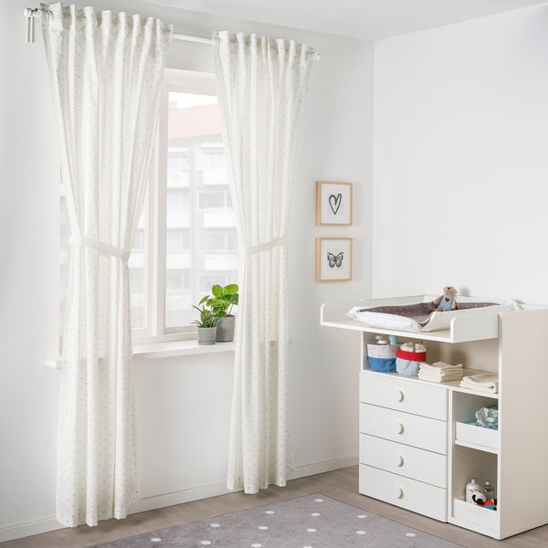 LEN curtains with tie-backs, 1 pair, dotted/white, 120x300 cm