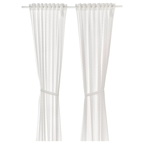 LEN curtains with tie-backs, 1 pair, dotted/white, 120x300 cm