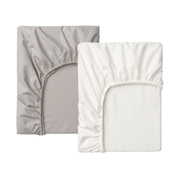LENAST fitted sheet for cot, white/grey, 60x120 cm, 2 pack
