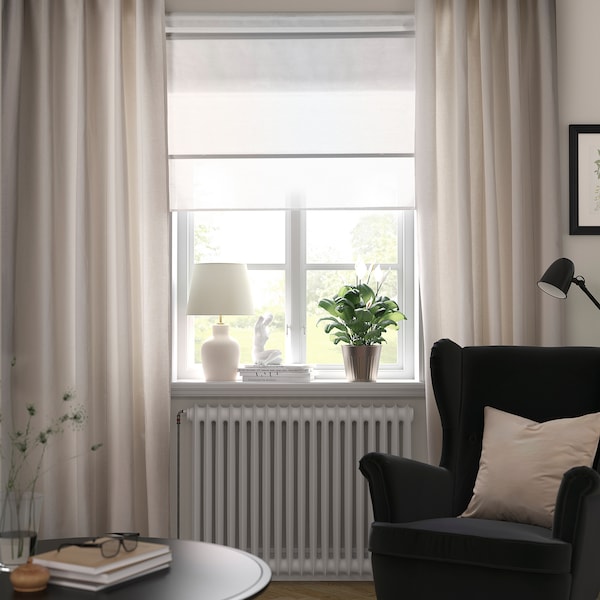 LENDA curtains with tie-backs, 1 pair, off-white/with heading tape, 140x300 cm